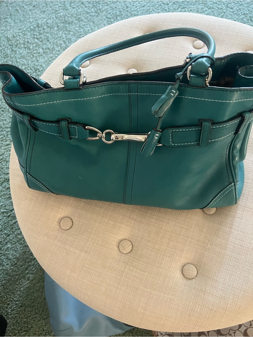 Coach Teal Leather Tote with Silver Hardware